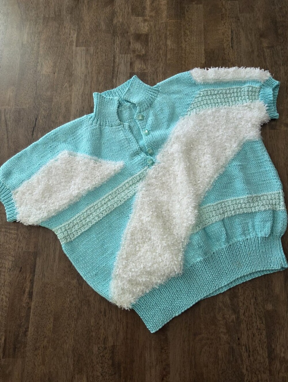 Cute Unique Hand Knit Mix Texture Short Sleeve Button Stand Collar Sweater
